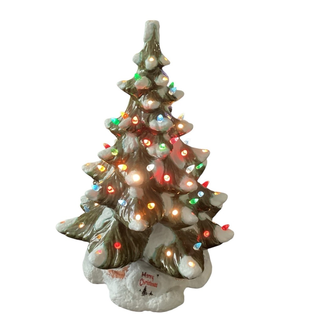 Vintage Atlantic Mold Ceramic Christmas Tree Flocked Merry Christmas Base *As Is